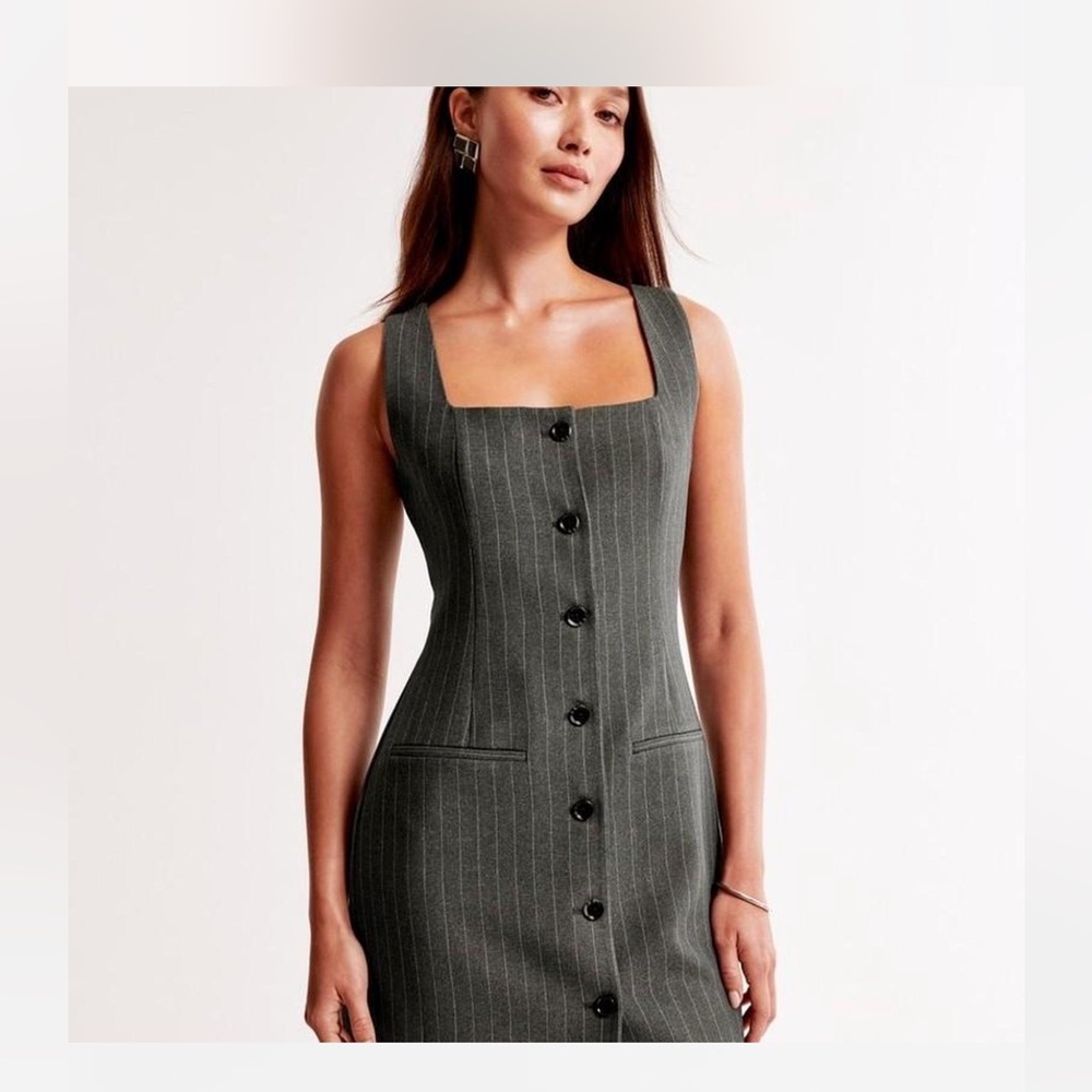 Tailored Pinstripe Square-Neck Dress - Gray